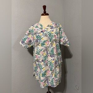 Women Nurse Medical Floral Scrub V-Neck Short Sleeves Two Front Pocket Size M